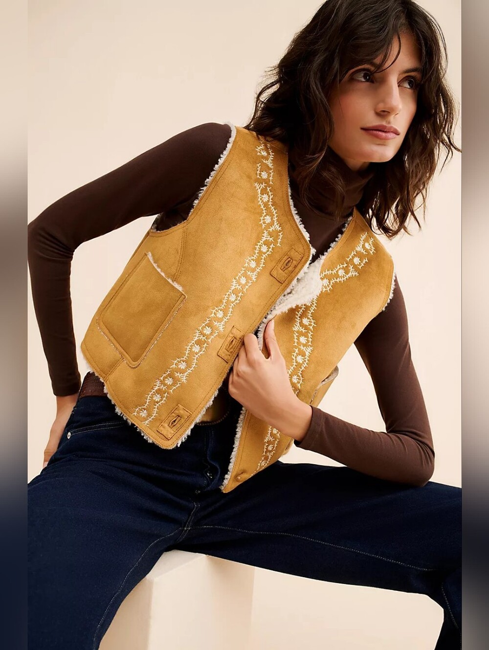 Free People Travelers Suede Vest Faux Shearling Embroidered Boho Western M